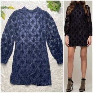 Moon River Navy Velvet Lace Long Puff Sleeve Mock Neck Mini Dress Womens Small